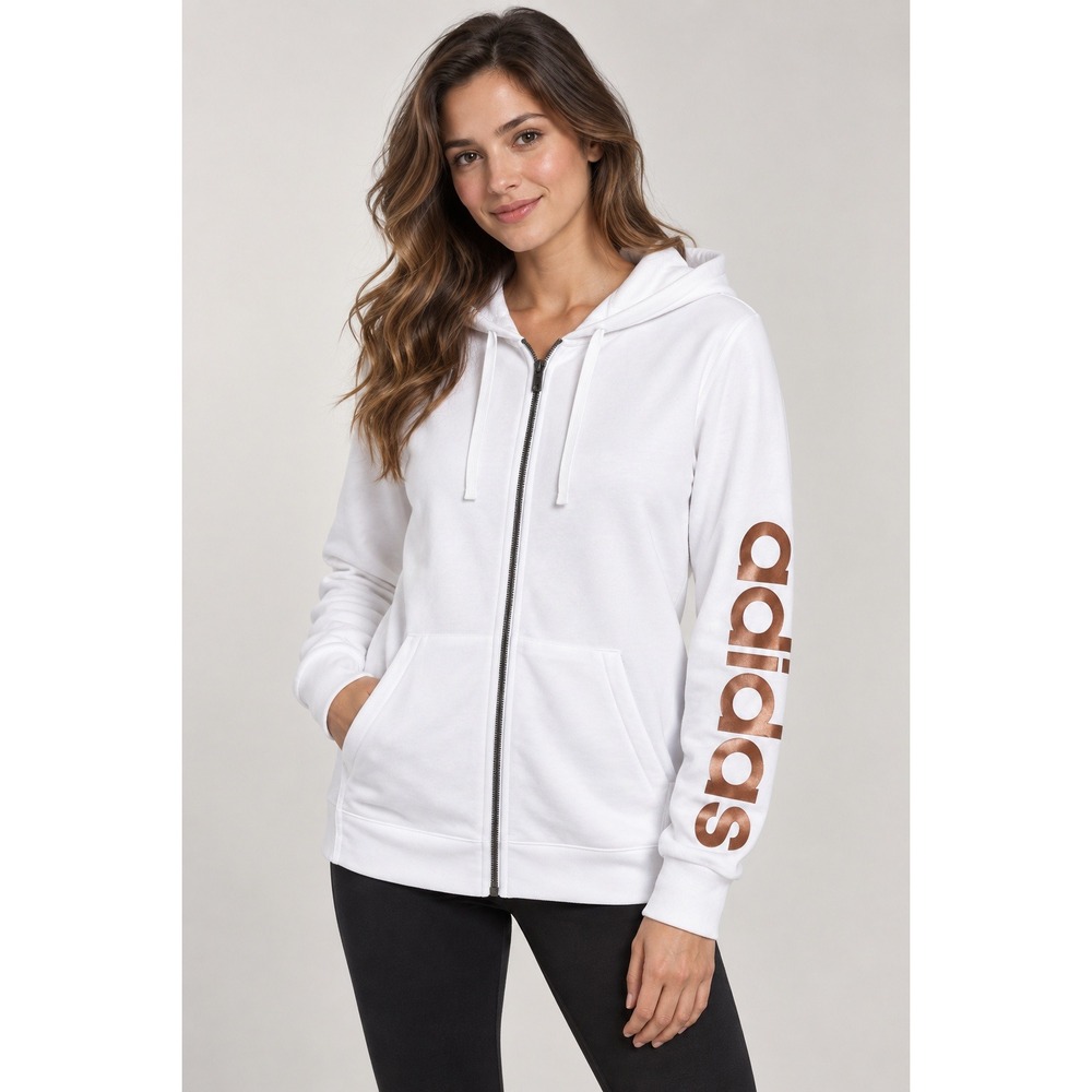 Adidas Zip Up Hoodie Womens XL White Rose Gold Metallic Logo Sweatshirt Active